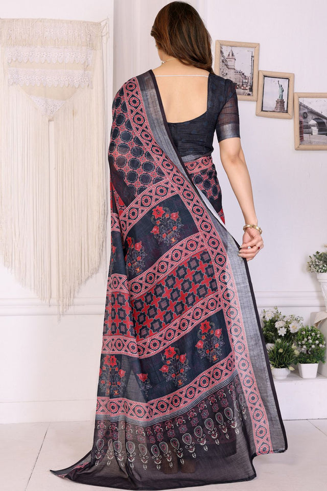 Black Abstract Printed Linen Saree (LILEN-07BLACK)