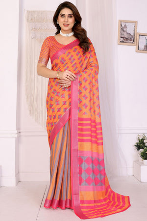 Orange Abstract Printed Linen Saree (LILEN-10ORANGE)