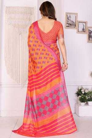 Orange Abstract Printed Linen Saree (LILEN-10ORANGE)