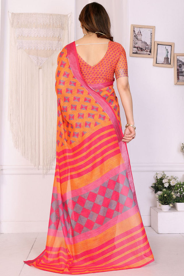 Orange Abstract Printed Linen Saree (LILEN-10ORANGE)