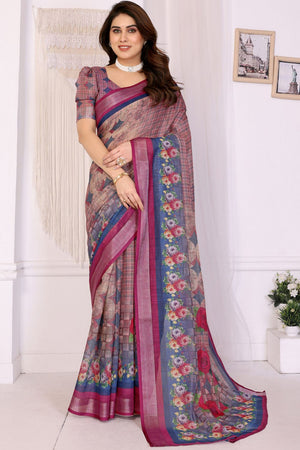 Wine Abstract Printed Linen Saree (LILEN-11WINE)