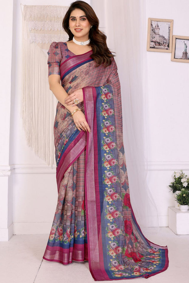 Wine Abstract Printed Linen Saree (LILEN-11WINE)