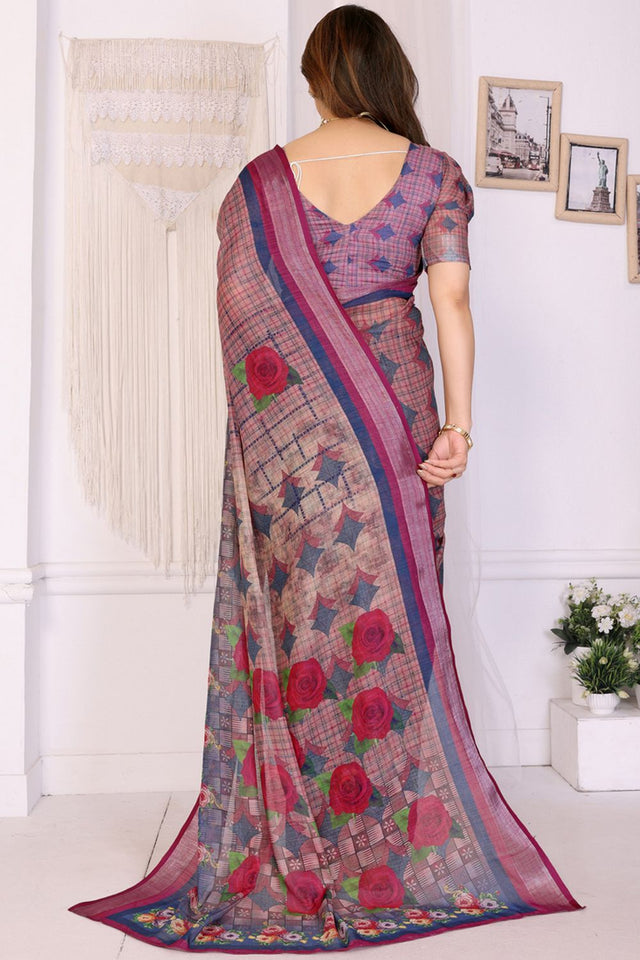 Wine Abstract Printed Linen Saree (LILEN-11WINE)