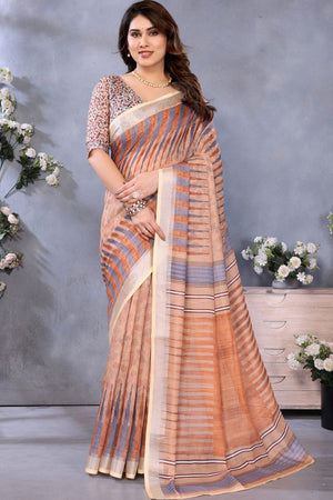 Brown Printed Linen Saree (LILEN1-BROWN)
