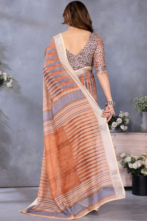 Brown Printed Linen Saree (LILEN1-BROWN)