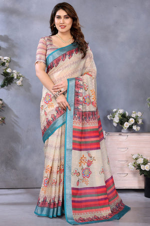 Cream Printed Linen Saree (LILEN1-CREAM)