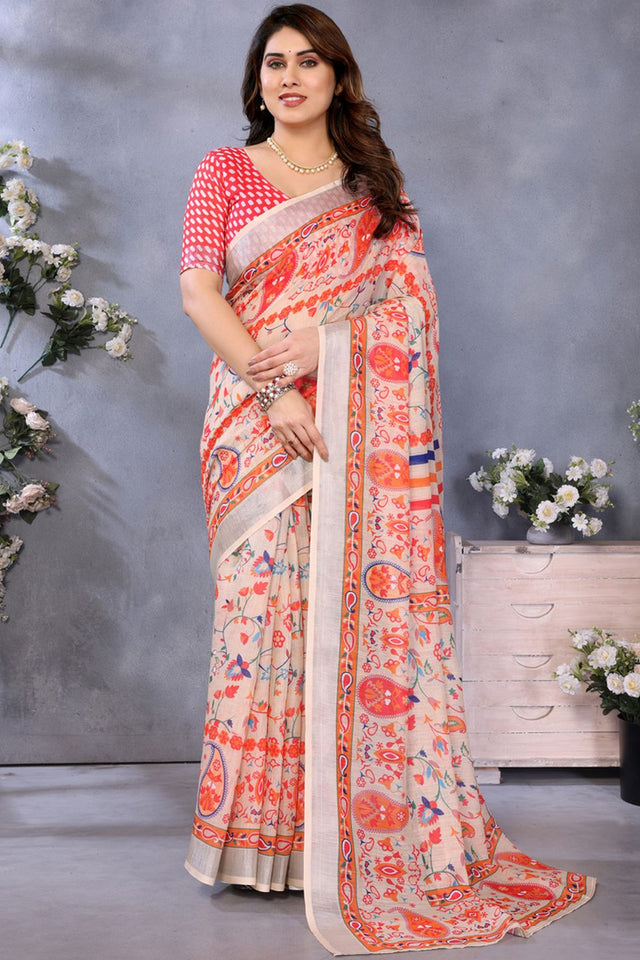 Orange Printed Linen Saree (LILEN1-ORANGE)