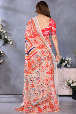 Orange Printed Linen Saree (LILEN1-ORANGE)