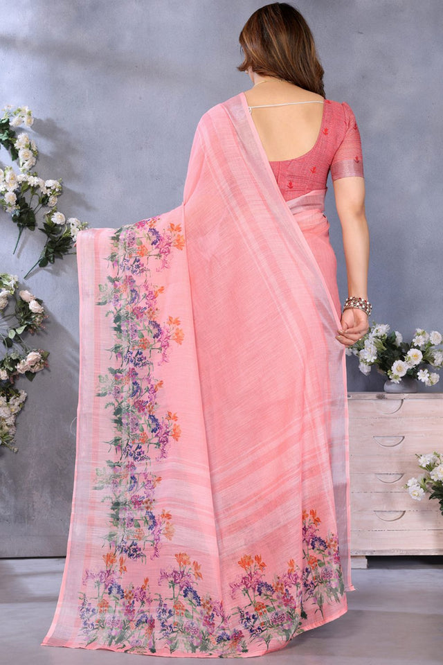 Peach Printed Linen Saree (LILEN1-PEACH)