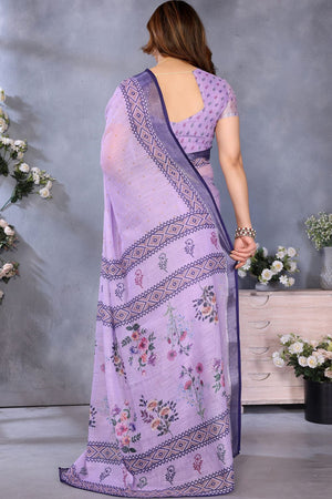 Lavender Printed Linen Saree (LILEN1-PURPLE)
