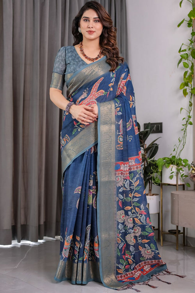 Blue Printed Linen Saree (LJ11-BLUE)