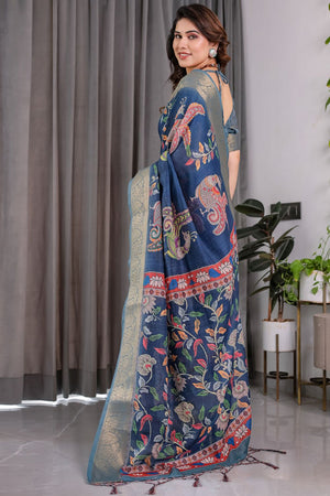 Blue Printed Linen Saree (LJ11-BLUE)