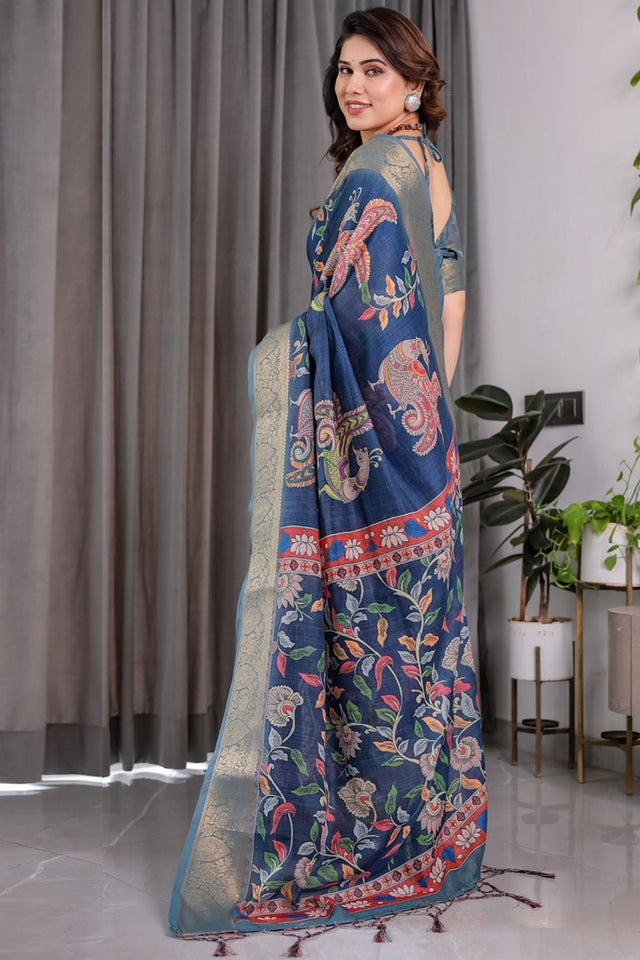 Blue Printed Linen Saree (LJ11-BLUE)