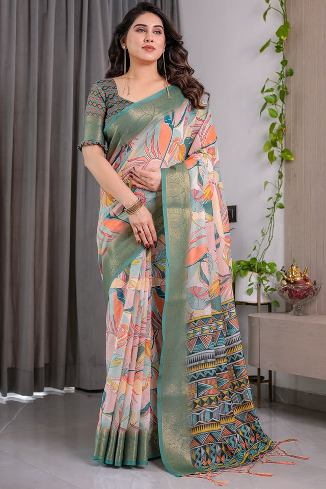 Green Printed Linen Saree (LJ12-OLIVE)