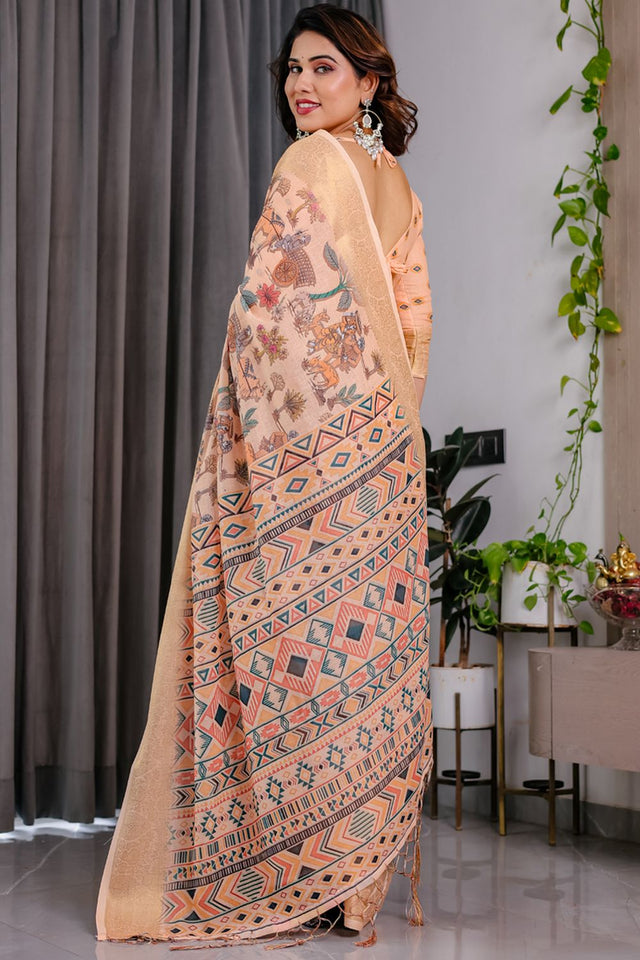 Cream Printed Linen Saree (LJ13-CREAM)