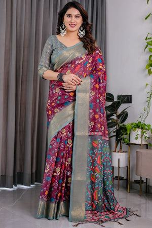 Purple Floral Printed Linen Saree (LJ14-PURPLE)