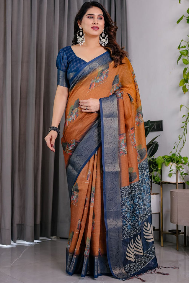 Brown Printed Linen Saree (LJ15-BROWN)