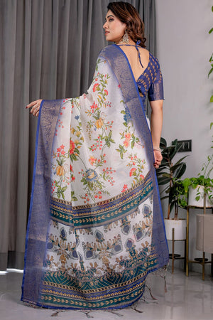 White Floral Printed Linen Saree (LJ17-WHITE)