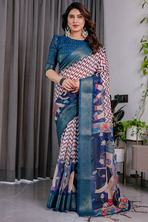 Navy Blue Printed Linen Saree (LJ18-NAVYBLUE)