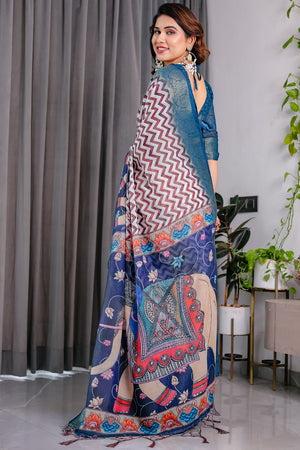 Blue Printed Linen Saree (LJ18-NAVYBLUE)