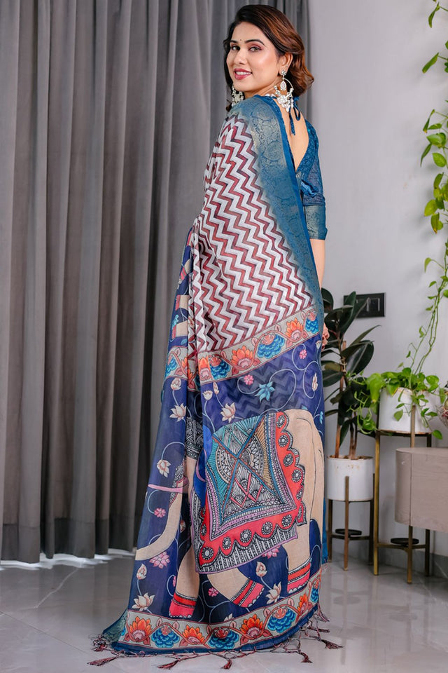 Blue Printed Linen Saree (LJ18-NAVYBLUE)