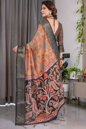 Brown Printed Linen Saree (LJ19-BROWN)