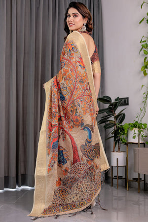 Cream Printed Linen Saree (LJ20-CREAM)