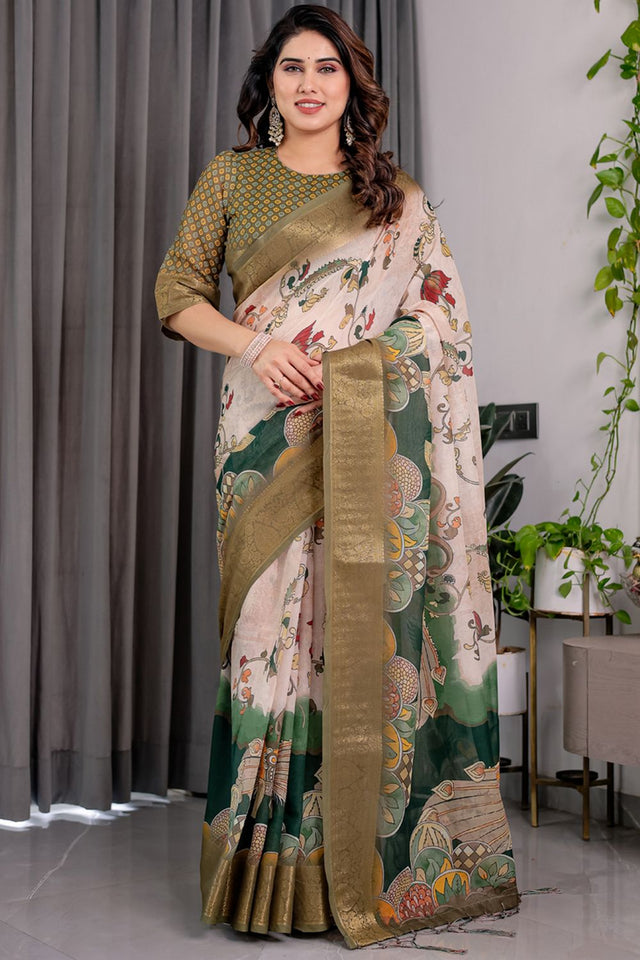Green Printed Linen Saree (LJ21-OLIVE)