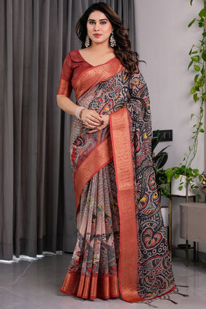 Black Printed Linen Saree (LJ9-BLACK)