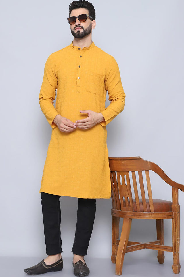 Men's Yellow Cotton Solid Long Kurta (LK-BF1287-SFB)