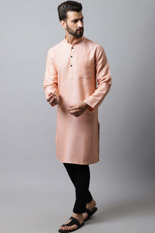 Men's Light Pink Self-Design Full Sleeve Short Kurta Top - L