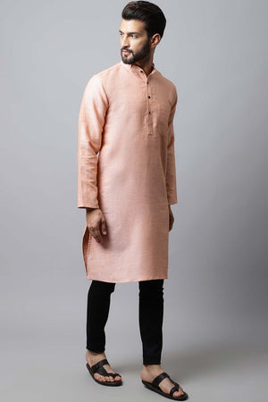 Men's Light Pink Self-Design Full Sleeve Short Kurta Top - L