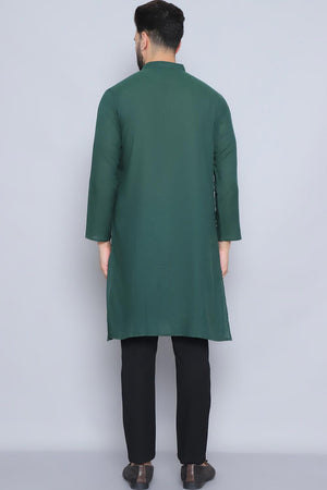 Men's Green Cotton Solid Long Kurta