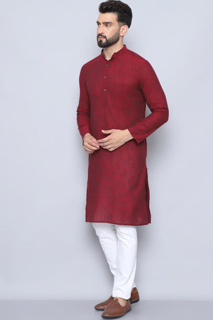 Men's Maroon Cotton Solid Long Kurta - XL
