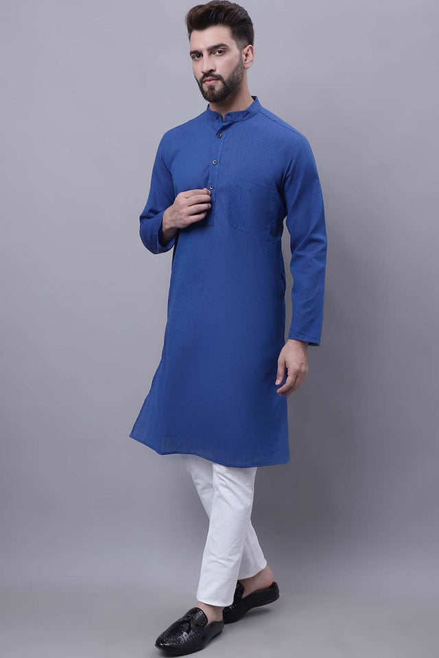 Men's Blue Cotton Striped Long Kurta Top - XS