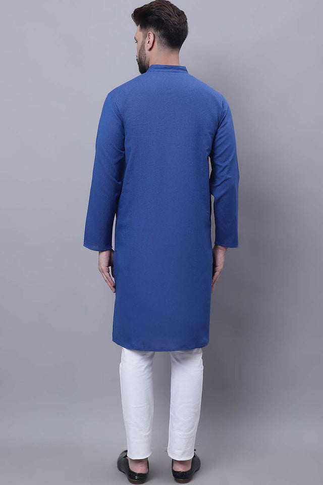Men's Blue Cotton Striped Long Kurta Top - XS