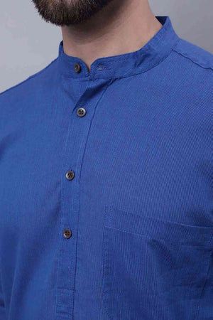 Men's Blue Cotton Striped Long Kurta Top - XS