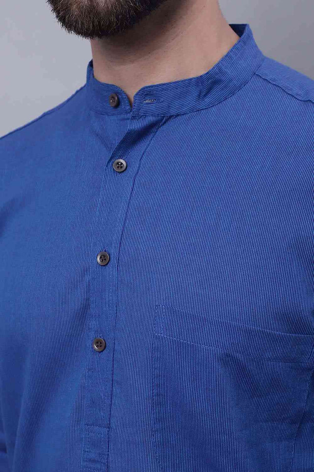 Men's Blue Cotton Striped Long Kurta Top - XS