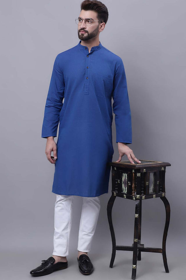 Men's Blue Cotton Striped Long Kurta Top - XS