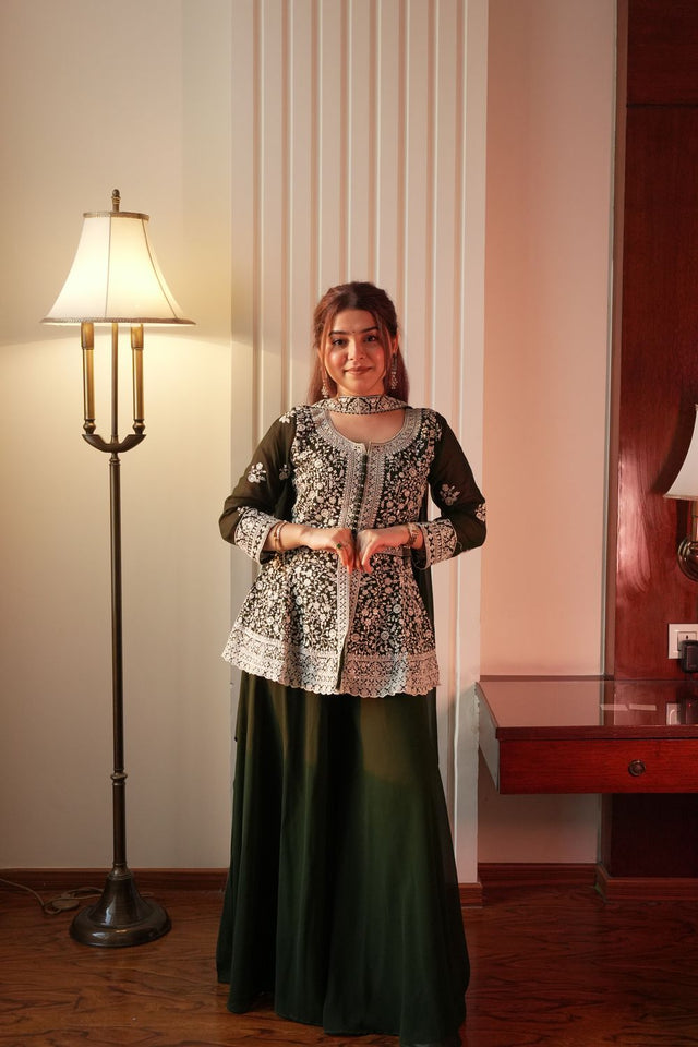 Green Floral Embroidered Georgette Sharara Suit (LM-14-Green)