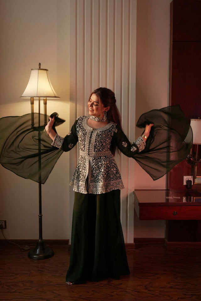Green Floral Embroidered Georgette Sharara Suit (LM-14-Green)