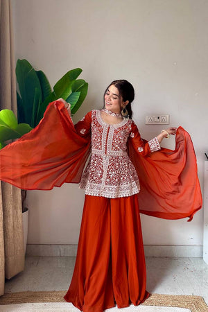Rust Floral Embroidered Georgette Sharara Suit (LM-14-Rust)