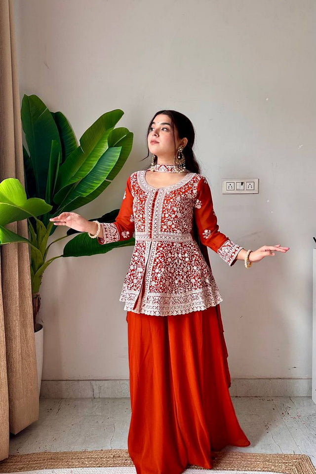 Rust Floral Embroidered Georgette Sharara Suit (LM-14-Rust)