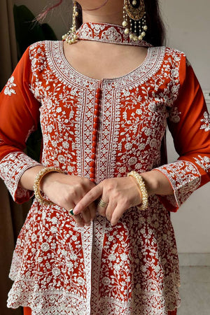 Rust Floral Embroidered Georgette Sharara Suit (LM-14-Rust)