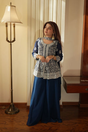 Blue Floral Embroidered Georgette Sharara Suit (LM-14- Blue)
