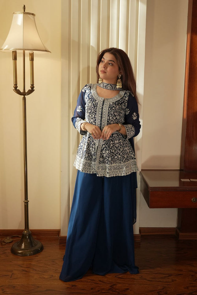 Blue Floral Embroidered Georgette Sharara Suit (LM-14- Blue)