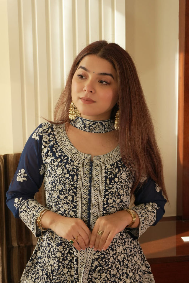 Blue Floral Embroidered Georgette Sharara Suit (LM-14- Blue)