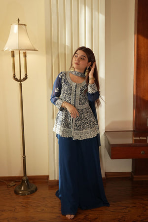 Blue Floral Embroidered Georgette Sharara Suit (LM-14- Blue)