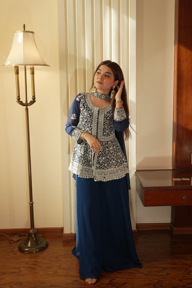 Blue Floral Embroidered Georgette Sharara Suit (LM-14- Blue)