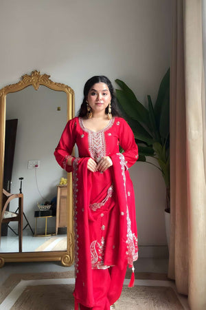Red Embroidered Chinon Palazzo Suit Set